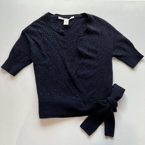 Diane Von Furstenberg Ballerina Style Wrap Top Navy 100% Wool Sweater Size Small - Picture 1 of 5